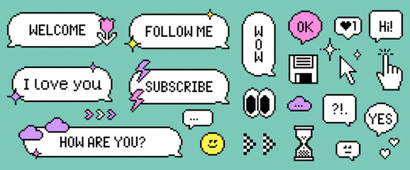 Set of retro speech bubble messages and sticker in pixel art style. 8bit emoji. Y2k dialogue balloon with text Welcome, Follow me, Subscribe for social media. Game abstract elements on blue background