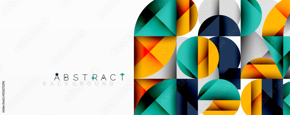 Poster Geometric shapes overlap, creating vibrant colorful pattern. Modern design features circles, squares, triangles. Minimalist aesthetic.