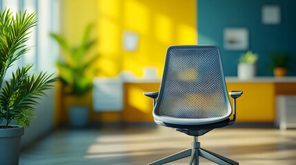 Modern office workspace with a grey mesh chair, yellow partition, and potted fern, showcasing a minimalist and productive work environment. : Generative AI