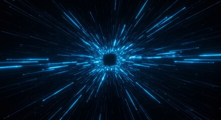 Blue light rays radiate from a central square within a black abyss