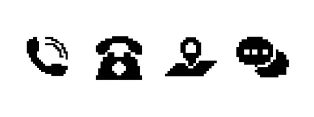 Collection of retro-style pixel icons showcasing a phone, chat, and location design.