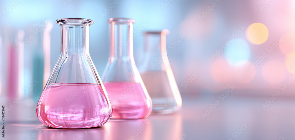 Poster lab setting with test tubes and glass flasks filled with pink liquid showing scientific test environ