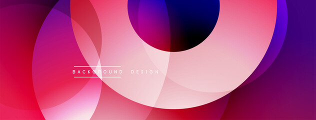 Abstract design features overlapping circles, vibrant pinks, purples, blues. Modern aesthetic, smooth gradients create dynamic visual impact.