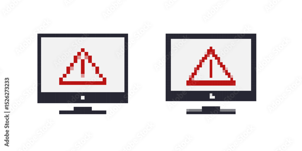 Poster pixel art style red warning icon with triangle and exclamation mark on a computer screen.