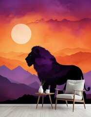 A chair and Orange evening sky with lion silhouette in a mountain landscape wallpaper