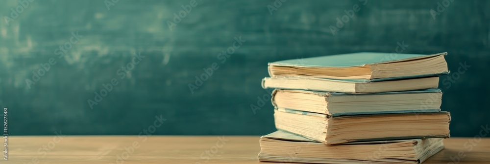 Poster four vintage books stacked on a wooden desk sit in front of a well used chalkboard, evoking a nostal