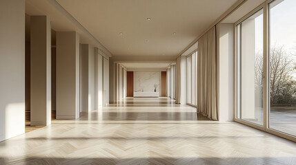 Obraz premium Bright minimalist space with clean lines and elegant design, featuring large windows and wooden