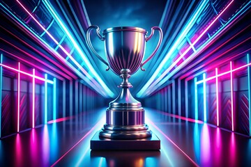 Chrome Trophy on Platform with Vibrant Neon Tunnel, Symbolizing Victory and Futuristic Achievement