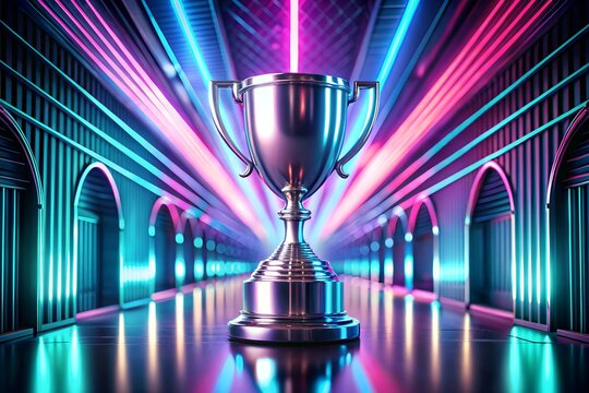 Gleaming Trophy Cup Amidst Neon Lights in Futuristic Arched Hallway Setting