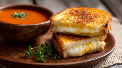 Grilled Cheese Sandwich with Tomato Soup Served on a Wooden Plate