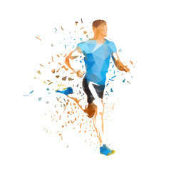 Running man, run, isolated vector low poly illustration with dispersion effect. Male runner, track and field athlete