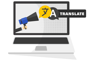 TRANSLATE DIZIONARIO Messaggi di chat su illustrazione vettoriale online del computer, spazio di lavoro dei cartoni animati piatto o pc portatile da tavolo di lavoro con notifiche di bolle di chat
