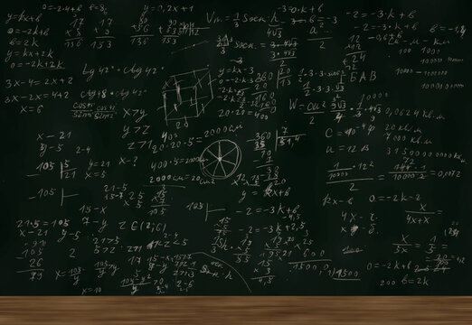 Mathematical equations written on a blackboard. Math background. Math formula on blackboard. Back to school. Green background design element. Copy space, place for text. 3d Illustration
