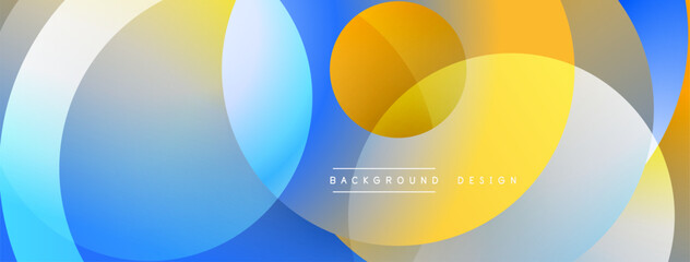Abstract background features overlapping circles. Colors include blue, yellow, white, orange. Modern design element for digital projects.