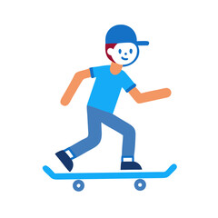 Obraz premium Boy smiling while skateboarding on blue skateboard with simple background 