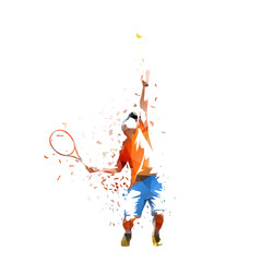 Tennis, low polygonal sports illustration. Male tennis player, isolated vector drawing with dispersion effect