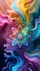 Colorful fractal flower explosion in blue and pink, a bright digital art wallpaper design with starburst light patterns and energetic motion