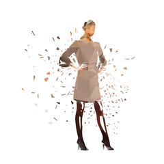 Business woman standing with hands on hips. Female fashion model low poly clip art. Isolated vector geometric illustration with dispersion effect