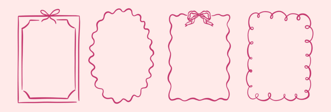 Wavy edge shapes frame box vector illustration isolated on white. Squiggle curve doodle rectangle and oval sketch.	