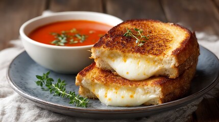 Grilled Cheese Sandwich with Tomato Soup on a Rustic Plate