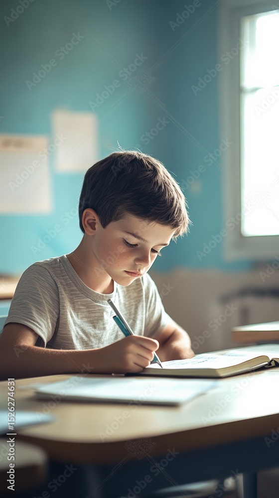 Poster Young boy writing on a notebook using a pen, sitting at a desk in a classroom with a window in the background, focused on his studies during back to school season