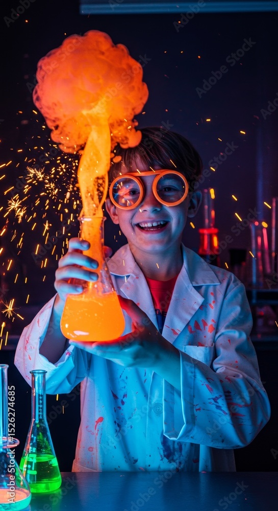 Poster boy dressed as a mad scientist with glowing experiment in laboratory setting