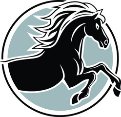 Equestrian Emblem: A dynamic illustration showcases a powerful black horse in mid-gallop, its silhouette set against a stylized, muted circular backdrop.