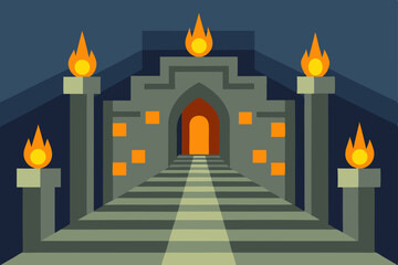 Mysterious Ancient Temple Entrance Flaming Pillars and Stone Pathway