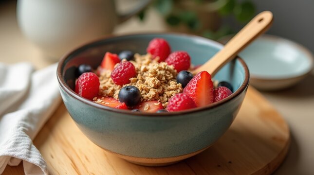 Healthy breakfast with fresh fruit and granola in ceramic bowl on wooden table - Powered by Adobe