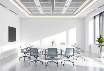 Sleek white office meeting room with blank wall for mockup, white,  meeting