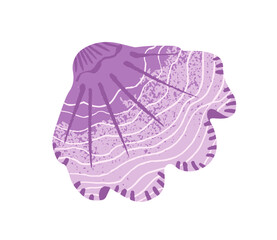 Cute cockleshell of undersea clams. Exotic sea shell of mollusk, scallop. Drawing seashell of tropical shellfish, cockle. Ocean decor, beach decoration. Flat isolated vector illustration on white