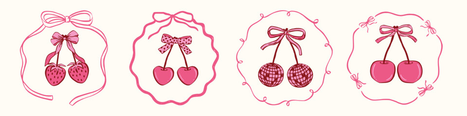Coquette cherry, strawberry, heart with bow. A charming collection of doodle line art featuring romantic berries and sweet symbols, perfect for Valentine's Day designs, greeting cards and invitations © VirinaDesign