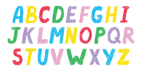 Colourful Doodle crayon children font, cartoon kids English alphabet with crayon texture. Vector hand-drawn letters, cute chalk texture. Color pencil children font