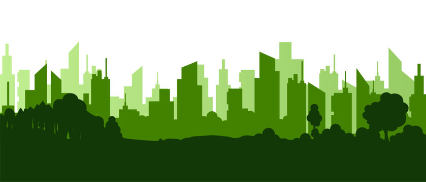 Green city skyline silhouette with stylized modern buildings creating a vibrant urban panorama scene.