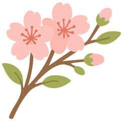 A flat-style illustration  sticker of a blooming cherry blossom branch with two pink flowers, several buds, and green leaves on a brown stem.