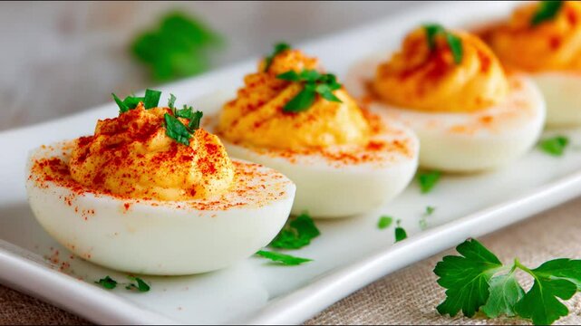 Delicious deviled eggs garnished with paprika and parsley.
