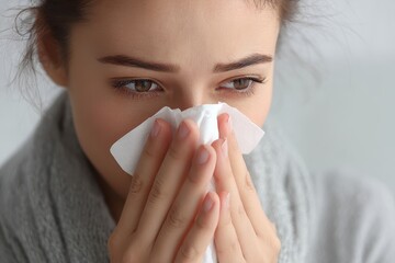 Sick Woman Blowing Nose with Tissue – Cold, Flu, Allergy or Sinus Concept