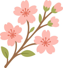 A flat-style illustration of a blooming cherry blossom branch with two pink flowers, several buds, and green leaves on a brown stem.