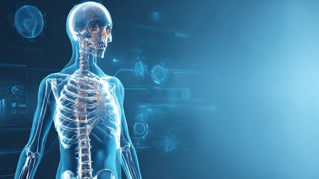 3D medical visualization of a female human skeleton with transparent body outline on a digital blue background, representing advanced healthcare technology and anatomical study