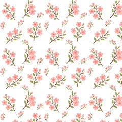 Flat style background depicting a branch of cherry blossom with two pink flowers, several buds and green leaves on a brown stem.