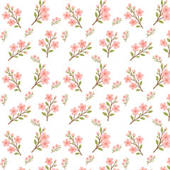 Flat style background depicting a branch of cherry blossom with two pink flowers, several buds and green leaves on a brown stem.