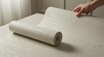 Hand Unrolling Light Beige Geometric Patterned Wallpaper Roll on a Table for Home Renovation and Interior Decoration Project