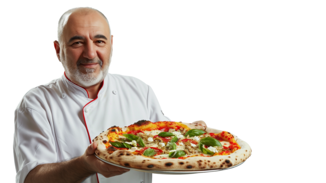 Chef presenting freshly made pizza with basil and mozzarella on a transparent background