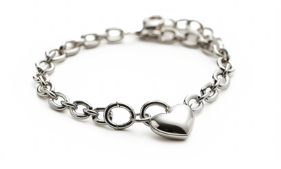 Elegant silver bracelet with heart charm on a transparent background, showcasing timeless jewelry design for all occasions