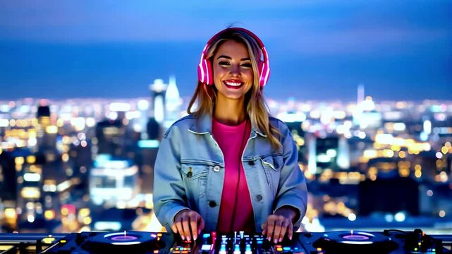 A smiling female DJ in headphones stands at a DJ console on the roof of a building against the backdrop of a night city