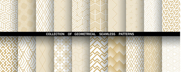Geometric set of seamless golden and white patterns. Simple vector graphics.
