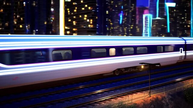 Futuristic high speed train cityscape night