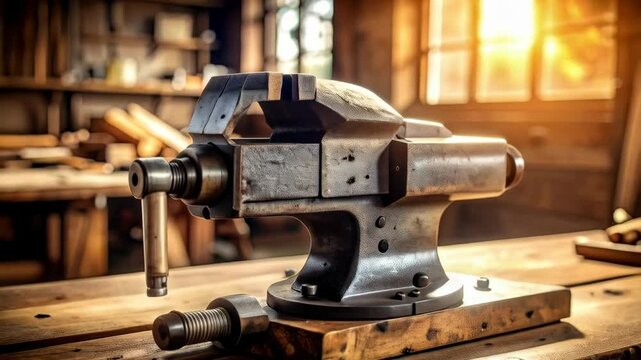 Vintage metal bench vise mounted on wood in a woodshop with tools in the background, illuminated by sunlight through the window.
