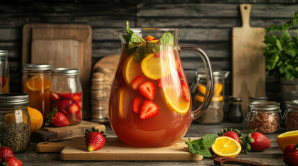 Refreshing pitcher of strawberry lemon iced tea garnished with mint, displayed on a rustic wooden background with fruits and jars