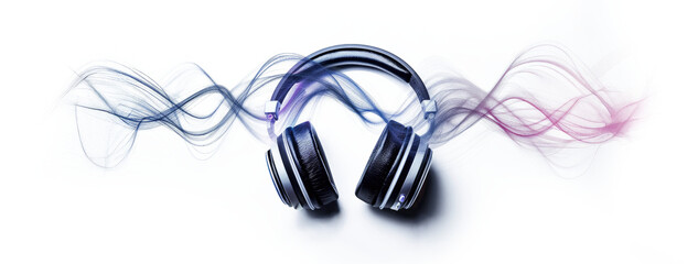 Colorful sound waves emanate from stylish headphones on a transparent background